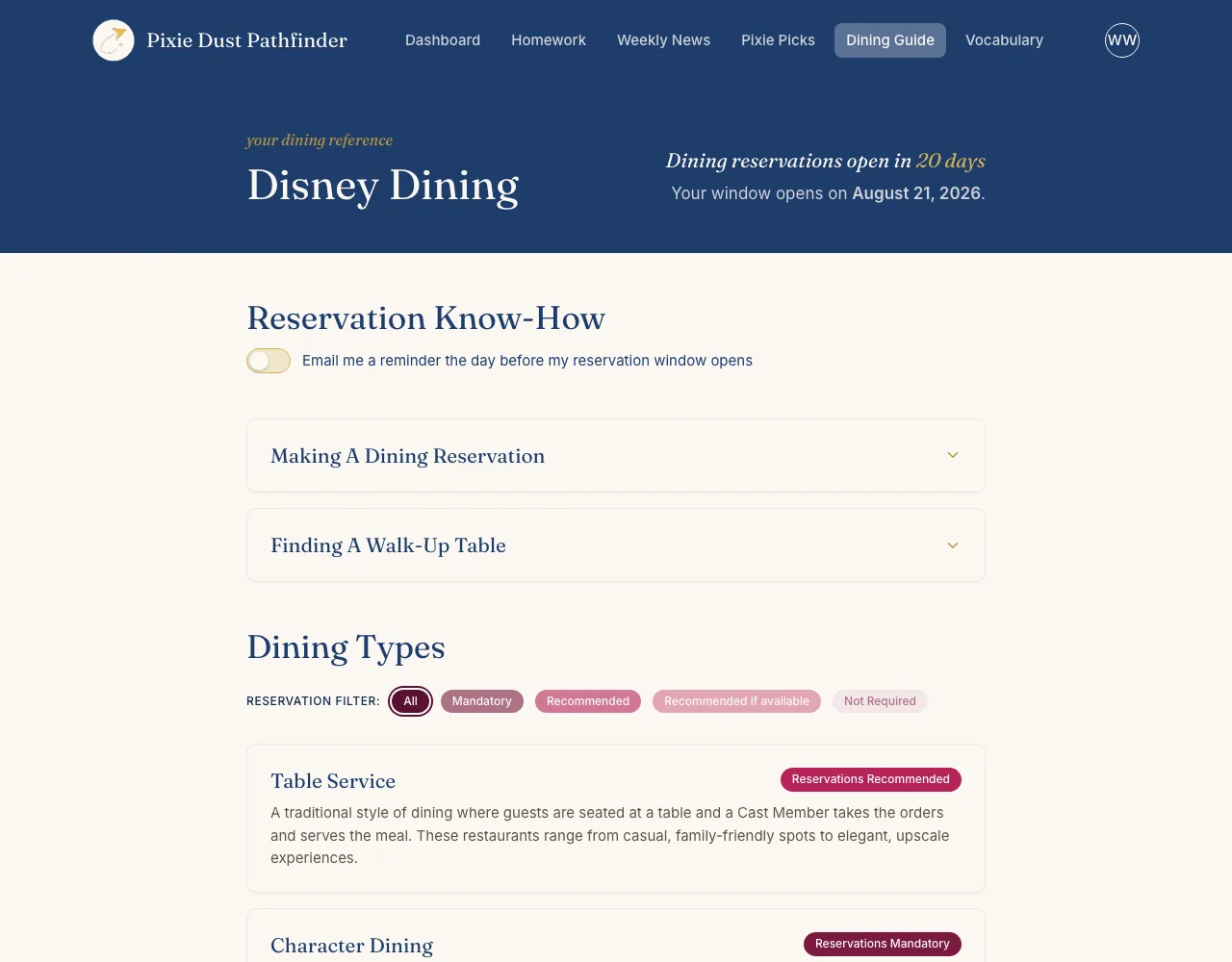 Disney Dining guide with reservation window countdown and email reminder toggle
